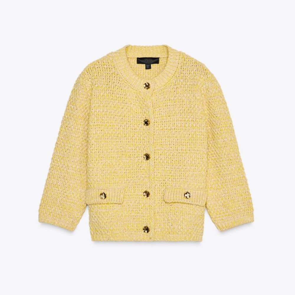 ZARA KNIT CARDIGAN WITH ELBOW-LENGTH SLEEVES - YELLOW